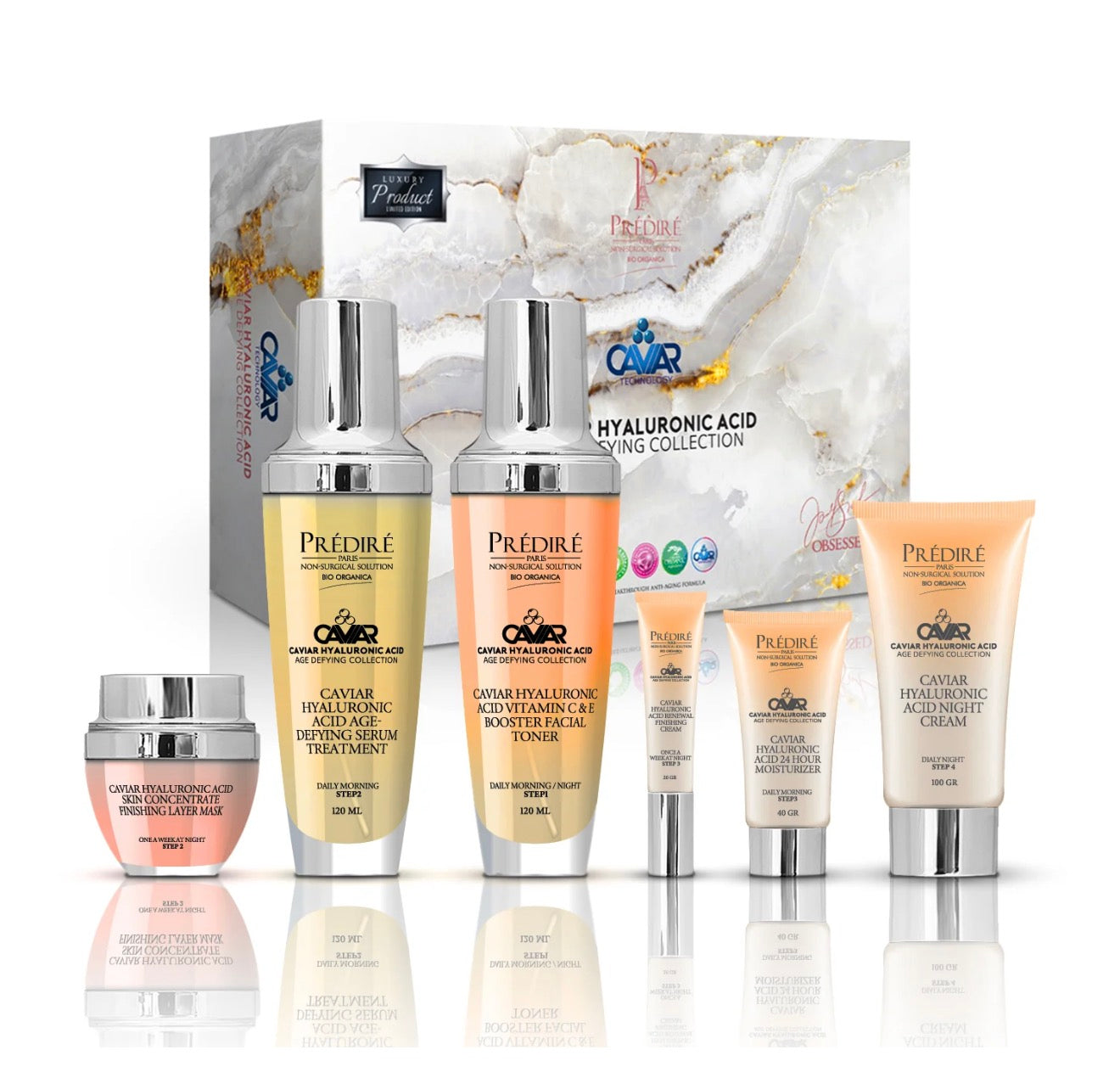 PREDIRE PARIS
Caviar Hyaluronic Acid Age-Defying Collection | Renew, Moisturize, Cream, Serum, Mask & Toner | Limited Edition